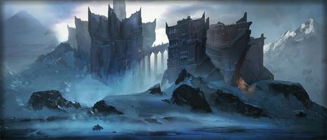 Carn Dum, the ice fortress of the Witchking on the height of its (and his) might Fantasy City, Fantasy Castle, Fantasy Setting, Fantasy Places, Wow Art, Fantasy Art Landscapes, Fantasy Concept Art, Fantasy Rpg, Environment Design