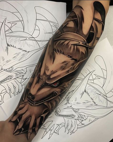 Fox Tattoo Thigh, Fox Tattoo Realistic, 9 Tailed Fox Tattoo, Nine Tailed Fox Tattoo, Kurama Tattoo, Mens Owl Tattoo, 9 Tailed Fox, Lee Naruto, Kurama Naruto