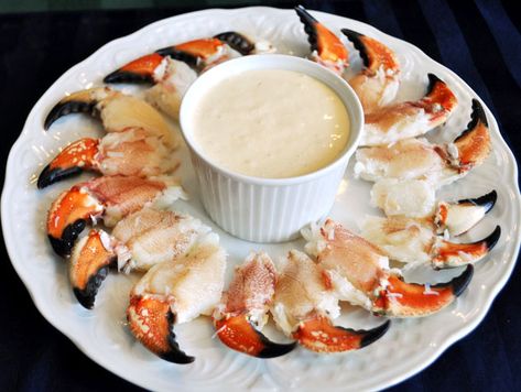 [Photograph: Carrie Vasios] Check out other recipes from Serious Entertaining: To Have or Have Not »... Crab Claw Recipes, Seafood Dinner Party, Stone Crab Claws, Mustard Dipping Sauce, Stone Crab, Dip Sauce, Seafood Sauce, Sport Food, Dipping Sauces Recipes