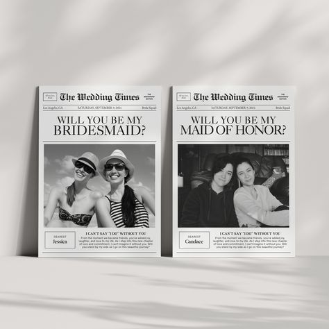 Newspaper Bridesmaid Proposal Photo Card Template, Printable Will You Be My Bridesmaid Newspaper, Maid of Honor Card, Canva Template by ivoryandlacestudio on Etsy Bridesmaid Newspaper, Letters Craft, Proposal Surprise, Maid Of Honor Card, Unique Proposals, Wedding Newspaper, Ways To Propose, Proposal Photos, Photo Card Template