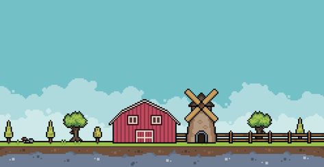 Pixel art farm landscape with barn, mill, fence, trees. 8 bit game background Farm Pixel Art, 8 Bit Pixel Art, 8 Bit Game, Pixel Art Wallpaper, 2d Game Background, Fence Trees, Booth Designs, Farm Landscape, 8 Bits