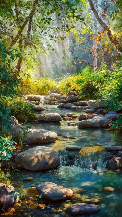 Forest Streams, Stream Wallpaper, Woodland Stream, Aesthetic River, River Spirit, Greenery Wallpaper, Forest Stream, Dappled Sunlight, Outdoor Water Feature