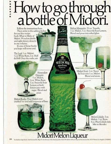 Midori Drinks, Liquor Ads, Midori Melon, Melon Liqueur, Drink Responsibly, Liquor Drinks, Vintage Food, Cocktail Drinks Recipes, Food Ads