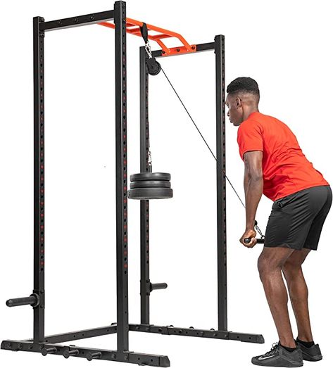 WEIGHT PLATES: Fits weight plates with 1” - 2” inners for use in the pulley attachment. VERSATILE POWER CAGE: Add workouts that focus on your biceps, triceps, deltoids, and back muscles. CONVENIENT ADD-ON: Quick, simple, and easy to add on. Get a lat Pulldown attachment up and functional in just a few minutes. Home Gym Set, Dip Bar, Strength Exercises, Lat Pulldown, Bar Workout, Gym Room, Pull Up Bar, Power Rack, Back Muscles