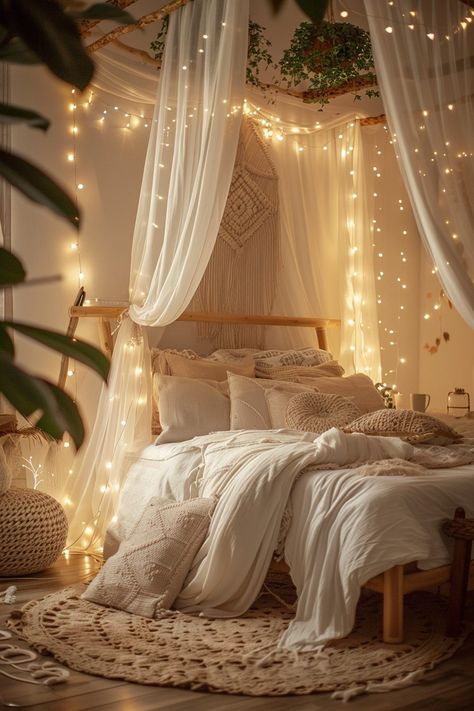 29 Boho Bedroom With Curtain Lights for a Magical Glow - My Elegant Home Sparkling Lights, Lighting Setups, How To Give, Curtain Lights, Elegant Home, Twinkle Lights, Elegant Homes, Boho Bedroom, Rich Textures