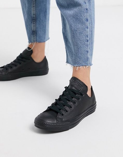 Converse Chuck Taylor All Star Ox black leather monochrome trainers | ASOS How To Lace Converse, Converse Women, Leather Converse, Star Converse, Floral Sneakers, New Converse, White Trainers, Puma Platform Sneakers, Converse Chuck Taylor All Star