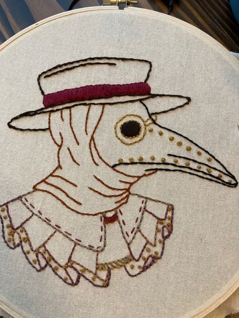 Plague Doctor Cross Stitch Pattern, Plague Doctor Embroidery, Homemade Patches Diy, Vampire Embroidery, Moth Embroidery Simple, Witchy Embroidery Ideas, Dark Academia Embroidery, Dnd Embroidery, Horror Embroidery