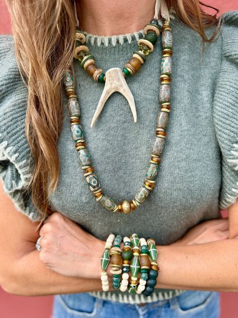 The Twine & Twine Tribal Stack is designed using globally sourced beads. They can be worn individually or stacked up. Fits wrist size 7". Twine And Twig, Twig Jewelry, Antler Necklace, Arm Party, Classic Necklace, First Photograph, Short Necklace, Bracelet Stack, Antlers