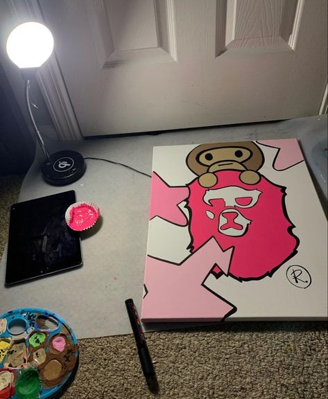 Kaws Wall Painting, Bape Paintings Canvas, Kaws Drawing Easy, Bape Drawings, Hypebeast Painting Canvas, Painting In Room, Y2k Painting Ideas Easy, Kaws Painting Ideas On Canvas, Canvas Drawings Aesthetic