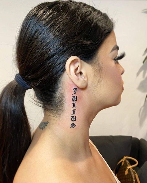 Word Neck Tattoos, Husband Name Tattoos, Name Tattoos On Neck, Tattoo Font For Men, Leg Sleeve Tattoos, Leg Tattoo Ideas, Face Tattoos For Women, Side Neck Tattoo, Ear Tattoo Ideas