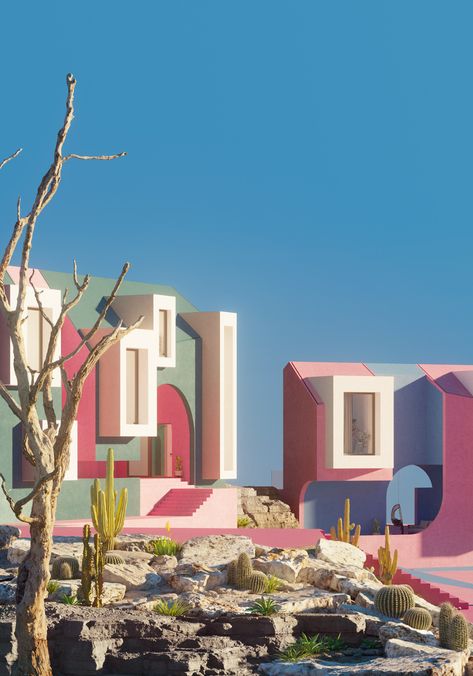 🌵 |Sonora Art Village| 🌵 on Behance Model Village, Colorful Buildings, Colour Architecture, Art Village, Colorful Space, Colourful Buildings, Retro Futurism, Postmodernism, Architecture Building