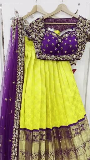 Yellow And Violet Pattu Saree, Orange And Violet Pattu Saree, Yellow And Purple Lehenga, Yellow And Purple Half Saree, Lemon Yellow Colour Combinations Dress, Purple Pattu Blouse Designs, Kanchi Pattu Half Saree Designs, Kanchipattu Half Sarees, Pattu Half Saree Colour Combinations