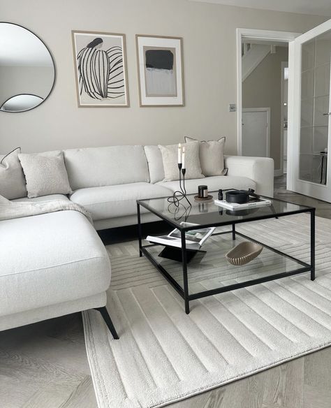 Home Grey Decor, Gray Flooring Dining Room, Light Grey Floors Living Room Decor, Light Gray Sofa Living Room Decor, Room With Black Accents, Living Room With Black Accents, White Living Room Inspiration, Grey And White Living Room, Grey Sofa Living Room