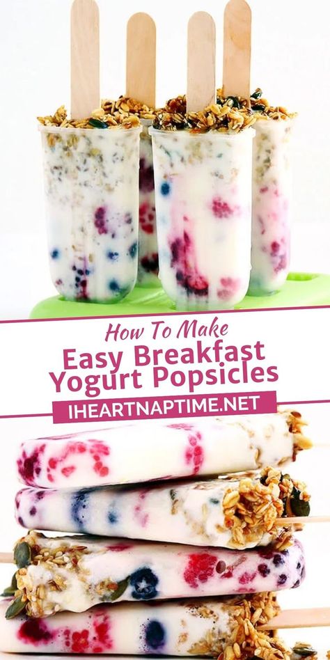 Popsicles for breakfast! Yes, you heard right. These easy breakfast yogurt popsicles are not only delicious but are also packed with summer fruits and topped with a crunchy granola. Breakfast Popsicles, Yogurt Berries, Homemade Frozen Yogurt, Breakfast Yogurt, Summer Popsicles, Healthy Popsicles, Yogurt Popsicles, Yogurt Breakfast, I Heart Naptime