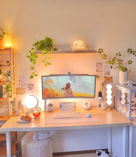 Desk/vanity Ideas, Dorm Desk Organization, Dorm Room Desk, Games Room Inspiration, Dorm Desk, Gaming Desk Setup, Cozy Gaming, Cozy Desk, Study Desk Decor