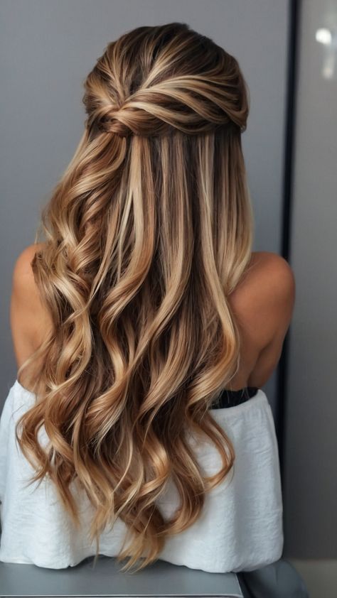 Looking for stunning hoco hairstyles that suit your straight simple and half-up hair From short hair to half-up-half-down styles long hair to medium length natural curly hair to short and easy shoulder-length cuts - we have you covered Find your perfect homecoming hairstyle now Hair Styles For Hoco Long Hair, Homecoming Hairstyles For Long Hair Half Up Half Down, Half Up Styles For Medium Hair, Hoco Hair Half Up, Halfup Hairstyle For Long Hair Wedding, Half Up Hair For Wedding, Curled Half Up Half Down Hairstyles, Half Up Half Down Wedding Hair Bridesmaid, Medium Length Natural Curly Hair