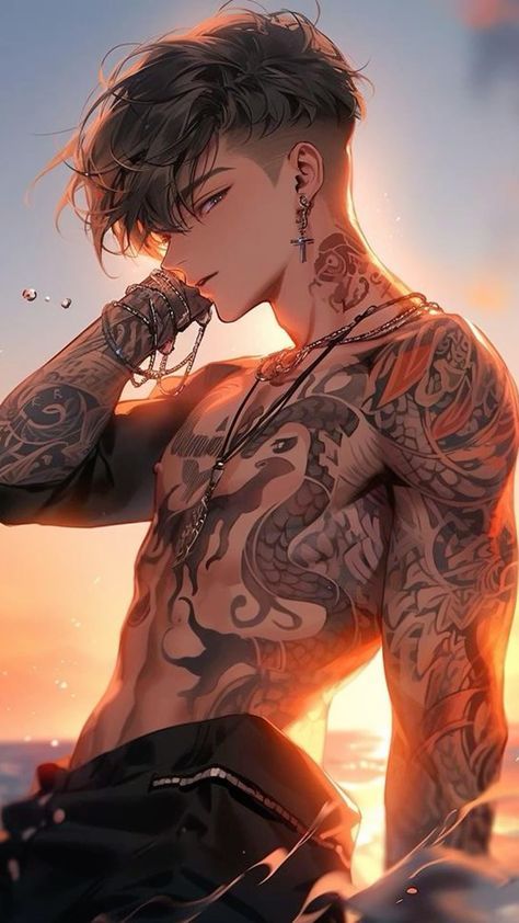 Illustration Tattoo, Dark Anime Guys, Anime Guys Shirtless, Cool Anime Guys, Manga Boy, Anime Tattoos, Dark Anime, Handsome Anime Guys