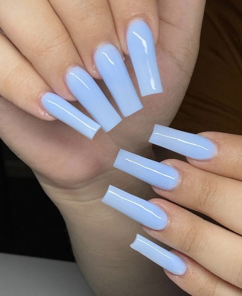 Long Basic Nails Acrylic, Blue Gel Acrylic Nails Coffin, Cute Basic Blue Nails, Long Nail Color Ideas, Solid Color Long Nails, Milky Blue Nails Acrylic, Milk Blue Nails, Long Basic Acrylic Nails, Blue Milky Nails