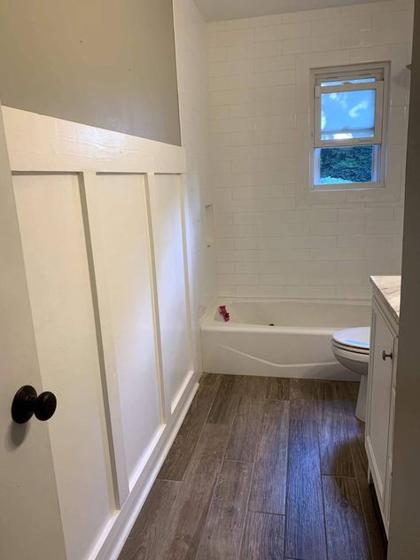 Board And Batten Wall Bathroom, Batten Bathroom, Stencils Ideas, Wainscoting Ideas, Washington House, Accent Wall Stencil, Batten Wall, Bathroom Makeovers, Luxury Vinyl Tile Flooring