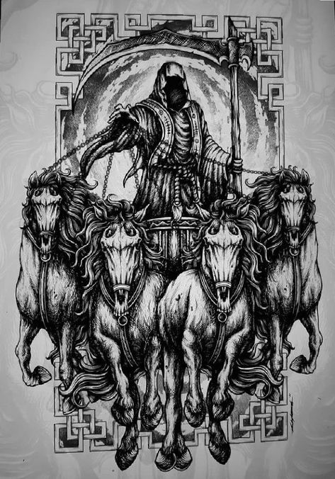 Apocalypse Tattoo, Horse Tattoo Design, Occult Tattoo, Grim Reaper Art, Scary Tattoos, Mythology Tattoos, Sketch Tattoo Design, Dark Art Tattoo, Tattoo Style Drawings