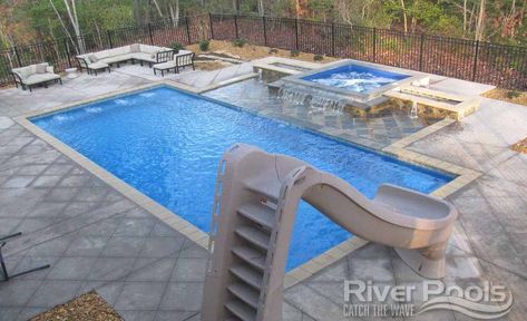 Inground Pool With Slide, Inground Pool Slides, Fiberglass Pool, Black Fence, Pool Remodel, Rectangular Pool, Front Yard Fence, Fiberglass Pools, Inground Pool