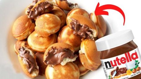 Easy Nutella-Filled Mini Pancake Bombs Recipe | DIY Joy Projects and Crafts Ideas Nutella Pancake Recipe Easy, Nutella And Pancakes, How To Make Nutella Pancakes, Mini Pancakes With Nutella, Nutella Stuffed Pancakes Recipes, Nutella Pancakes, Mini Pancakes, Bombe Recipe, Small Bites