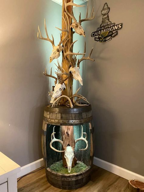 Bow Mount, Deer Skull Living Room, Deer Taxidermy Ideas, Whiskey Barrel Deer Mount, Unique Deer Mounts, Pedestal Deer Mount Ideas, Deer Horn Decor Ideas, Pedestal Deer Mount, European Mounts