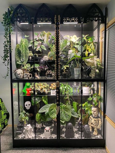 Dark, Spooky, Macabre & More | Thought I would share an update of my cabinet since making some upgrades. | Facebook Macabre Decor, Spooky Home Decor, Dark Home Decor, Dark Home, Horror House, Gothic House, House Goals, Plant Stand, Fall Halloween