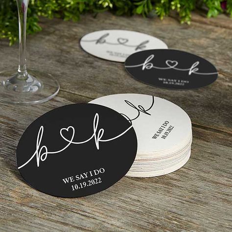 Personalized Coasters Wedding, Wedding Coasters Favors, Paper Coasters, Personalization Mall, Wedding Reception Seating, Black Coasters, Drawn Together, Simple Wedding Decorations, Wedding Plates