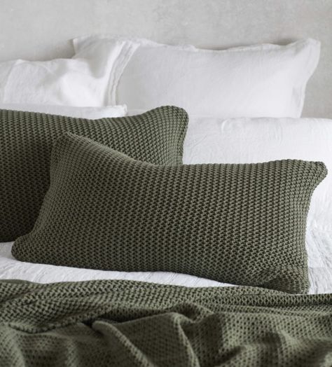 Knitted Olive Green Bed Throw and Cushion Cover | Secret Linen Store Green Cushions Living Room, Olive Green Pillow, Knitted Cushion Covers, Green Cushion Covers, Green Duvet, Egyptian Cotton Bedding, Knitted Cushions, Linen Duvet Cover, Linen Store