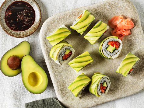 Recipe courtesy of Horticulture Innovation Australia Limited.... Cucumber Sushi Boats, Tuna Salad Avocado, Avocado Cucumber Sushi, Salmon Avocado Sushi, Salmon Avocado Cucumber, Avocado Sushi Roll, Spicy Tuna Recipe, Sushi Boats, Graze Boards