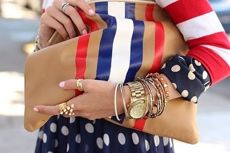 Red, White and Give me the Blues! www.properstyle.wordpress.com Blair Eadie, Diy Clutch, Atlantic Pacific, Arm Party, Pattern Mixing, Styling Tips, Arm Candy, Red White And Blue, Red White Blue