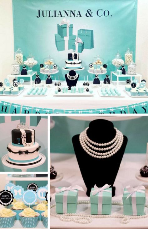 Tiffany Themed Party Inspiration - Birthday Party Ideas & Themes Tiffany And Co Backdrop, Tiffany Co Party Ideas, Tiffany Baby Shower Theme, Tiffany Theme Party, Tiffany Blue Party, Breakfast At Tiffanys Party Ideas, Tiffany Themed Bridal Shower, Tiffany Birthday Party, Tiffany Blue Wedding Theme