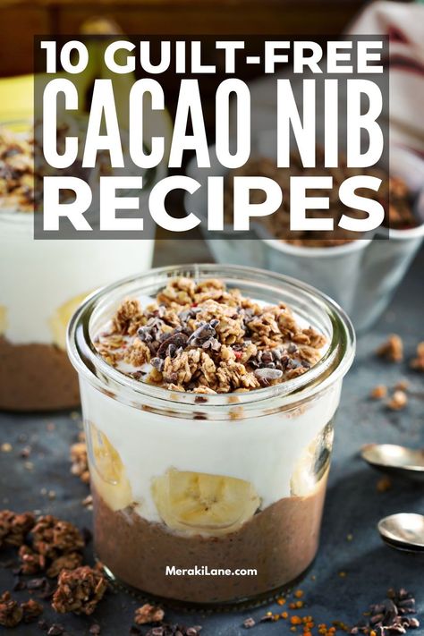 10 Anti-Inflammatory Cacao Nib Recipes | Also known as 'cocoa nibs', these crunchy pieces of cacao beans compliment both sweet and savory dishes, offering a guilt-free chocolate experience. They are high in fibre, full of antioxidants, heart healthy, and reduce inflammation and boost your mood to boot! In this post we share simple ways to cook and bake with caca nibs and our fav recipes, from breakfast smoothies and healthy hot chocolate, to chocolate oatmeal cookies, banana pancakes, and more! Chocolate Nibs Recipes, Cocoa Nibs Recipes Healthy, Coco Nibs Recipes, Cacao Beans Recipe, Recipes With Cacao Nibs, Cocoa Nibs Recipes, Cacao Nibs Smoothie, Cacao Nibs Recipes, Cookies Banana