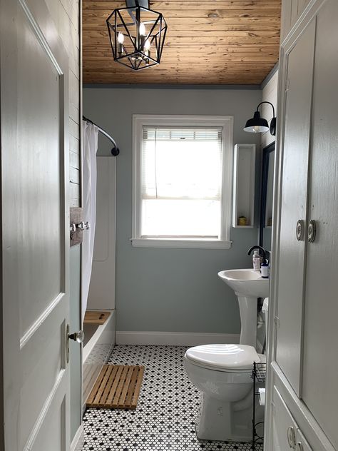 Hexagon tile, wood plank ceilings, small farmhouse bathroom! Bathroom Ideas Wood Ceiling, Small Hexagonal Tiles Bathroom, Wood Shiplap Ceiling Bathroom, Shiplap On Bathroom Ceiling, Bathroom Plank Ceiling, Bathroom Pine Ceiling, Half Bath Ceiling Ideas, Bathroom With Cedar Ceiling, Planked Bathroom Ceiling