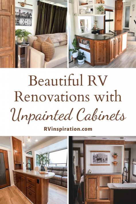 In this article from rvinspiration.com you'll see RV decor and makeover ideas for updating an ugly or outdated RV interior without having to paint the cabinets or walls. You'll also see examples of renovated RV's with some cabinets left unpainted to highlight the beauty of the original wood. | rvinspiration.com #rvmakeover #rvdecorideas #rvmakeoverideas #rvrenovationideas Camper Flip, Updating Oak Cabinets, Camper Rebuild, Rv Decorating Ideas, Rv Kitchen Remodel, Rv Cabinets, Rv Decorating, Motorhome Remodel, Recycle Projects