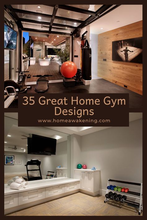 See 35 amazing home gyms (photo gallery) #homegym #homedesign Living Room Gym Combo, Small Gym Room, Home Gym Room, Workout Room Design, Basement Workout Room, Living Room Gym, Home Gym Layout, Home Gym Basement, Home Gym Inspiration