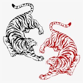 Bengal Tiger Tattoo Design, Chinese Tiger Tattoo Design, Chinese Tiger Tattoos, Hindu Tiger Tattoo, 2 Tigers Back Tattoo, Red And Black Tiger Tattoo, Tiger Sun Tattoo, Double Tiger Tattoo, Two Tigers Back Tattoo