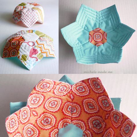 Scrap Challenge Entry: Lily Bowl and Plate Tutorial - Michele Made Me Free Bowl Cozie Pattern, Quick Pot Holders, Quilt Bowl Cozy, Bowl Cozy Pattern Free Sewing, Bowl Pot Holder Pattern, Wrap N Zap Projects, Old T Shirt Sewing Projects, Scrap Sewing Patterns, Flower Pot Holders Diy