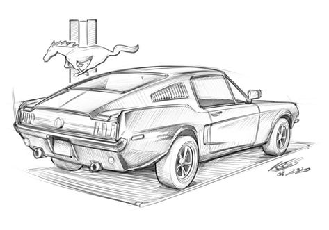 Mustang Sketch Pencil Drawings, Muscle Cars Drawing, Old Mustang Drawing, Car Drawing Mustang, Mustang Drawing Sketch, Car Drawing Pencil Sketches, Back Of A Car Drawing, Old Car Sketch, Ford Mustang Drawing