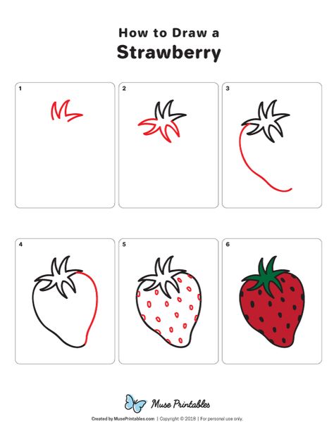 Learn how to draw a strawberry step by step. A free printable download of this tutorial is available at https://museprintables.com/download/how-to-draw/how-to-draw-a-strawberry/ Easy To Draw Strawberry, Strawberry Tutorial Drawing, How To Draw A Strawberry Step By Step, How To Paint A Strawberry, How To Paint Strawberries, How To Draw Fruit Step By Step, How To Draw Strawberries, How To Draw A Strawberry, How To Draw Strawberry