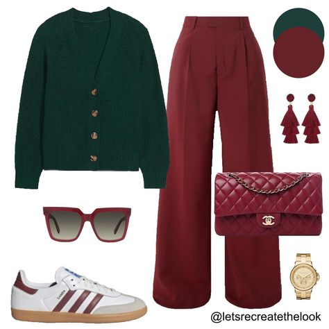 Burgundy x Green - 4 Outfit Ideas 🍷🌲 Burgundy is one of the IT colors for fall! It’s one of my favorite colors for fall as well. Today I will be sharing some of my favorite colors to pair burgundy. First up is shades of green. Here are four different shades of green to try pairing with burgundy. Save this post for style inspo and look in your closet to see if you have any of these colors and try pairing them together to maximize your wardrobe! Which shade of green is your favorite to pair w... Burgandy Pants Outfits Fall, Dark Pink Top Outfit Color Combos, Red And Army Green Outfits, Green Pants Outfit Christmas, Red And Green Outfit Ideas, Christmas Colors Outfit, Burgandy Pants Outfits Work Fall, Outfit With Burgundy Pants, Burgundy Wide Leg Pants Outfit