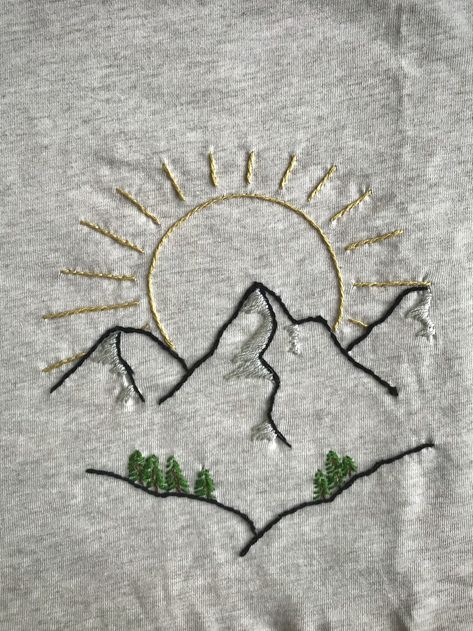 Easy Mountain Embroidery, How To Embroider Mountains, Embroidered Mountains Simple, Mountain Embroidery Simple, Embroidery Patterns For Men, Granola Embroidery, Embroidery Mountains Simple, Manly Embroidery Ideas, Embroidery Climbing