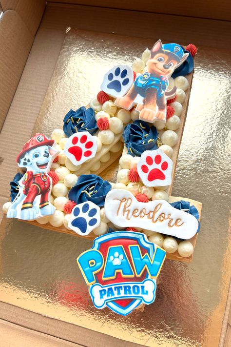 Paw Patrol themed Number Cake - available in Dubai Paw Patrol Number Cake 3rd Birthday, Paw Patrol Cake Number 3, Paw Patrol Number 4 Cake, Number 3 Paw Patrol Cake, Number 4 Paw Patrol Cake, Paw Patrol Cookie Cake, 4 Number Cake, 4th Birthday Paw Patrol, Marshal Cake