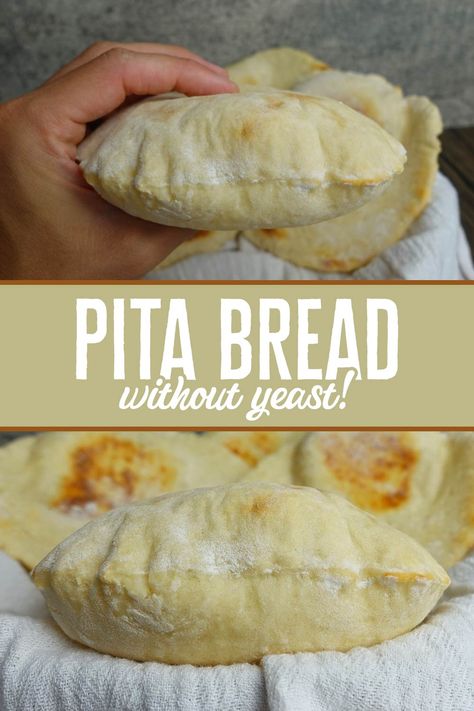 No yeast? No problem! We can accomplish some beautifully fluffy pita bread with absolutely no yeast required. Greek Yogurt Pita Bread, Homemade Pitas, Arabisk Mad, Oregon Cottage, Homemade Pita, Homemade Pita Bread, Frugal Cooking, Pita Bread Recipe, Bread Loaves