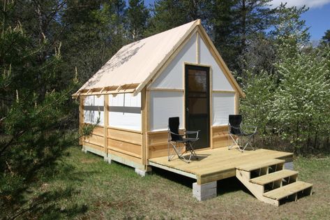 Unique Cabins, Canvas Wall Tent, Tent Platform, Tent Camping Hacks, Tent Living, Wall Tent, Construction Ideas, Wood Walls, Cabin Tent