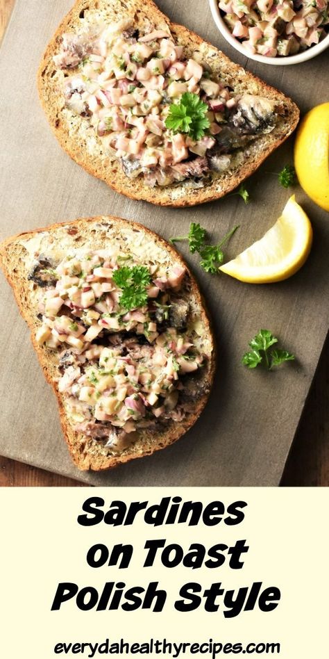 These sardines on toast are zesty, healthy and delicious, perfect as a light lunch or snack and ready in under 15 minutes.  You will love the tangy, crunchy topping mixture they come with made using radishes and gherkins, which are a staple in Polish cuisine. #polishrecipes #sardines #lunch #sandwiches #sardinesontoast #everydayhealthyrecipes Healthy European Recipes, Sardines On Toast, Sardines On Toast Recipe, Sardine Recipes Canned, Sardine Toast, Canned Fish Recipes, Cultural Recipes, Lunch Sandwiches, Toast Toppers