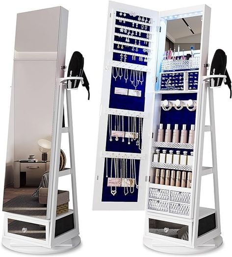 Amazon.com: HNEBC 360° Rotating Jewelry Cabinet with Lights, 63"H Standing Jewelry Armoire Organizer with Mirror, Full Length Mirror with Jewelry Storage, Lockable Lagre Jewelry Organizer Stand for Wonen (White) : Clothing, Shoes & Jewelry Mirror With Jewelry Storage, Mirror Full Length, Mirror Jewelry Storage, Jewelry Organizer Stand, Standing Jewelry Armoire, Mirror Jewellery Cabinet, Large Jewelry Box, White Clothing, Jewelry Mirror