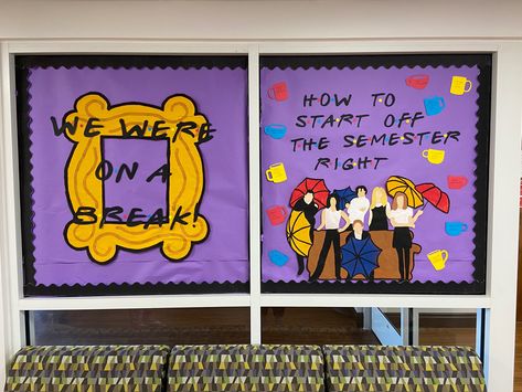 Art Back To School Bulletin Board, Roommate Ra Bulletin Board, Friends Floor Theme Ra, Friends Theme Bulletin Board, Friends Door Decs, Friends Tv Show Classroom Theme, Friends Bulletin Board Ideas, Spring Semester Bulletin Boards, Friends Theme Classroom