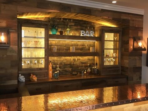 Wood For Walls, Bar Wall Design, Barrel Stave Wall, Pool House Bar, Arch Shelf, Cocktail Room, Rustic Basement Bar, Copper Counter, Panels For Walls